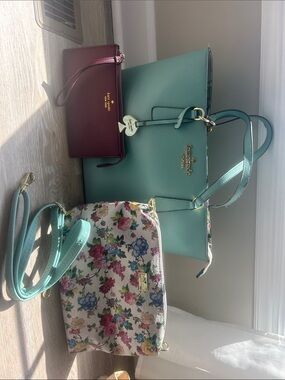 Kate Spade spade Teal Tote with Floral Crossbody and Burgundy Wallet